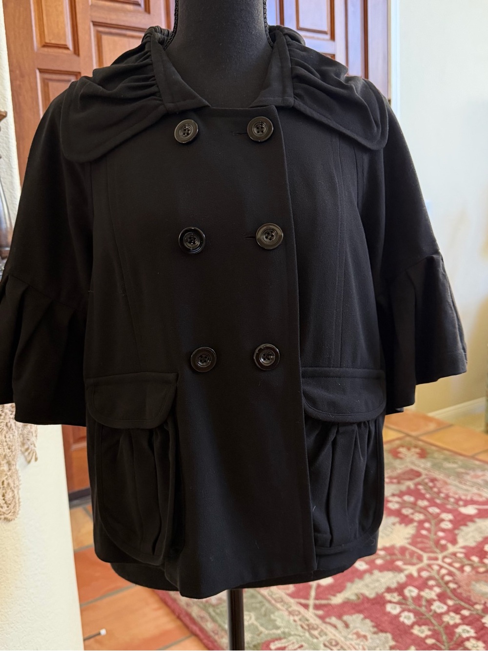 Karen Kane Black Empire Waist 3/4 Sleeve Ruffled Button Double Breasted  Jacket
